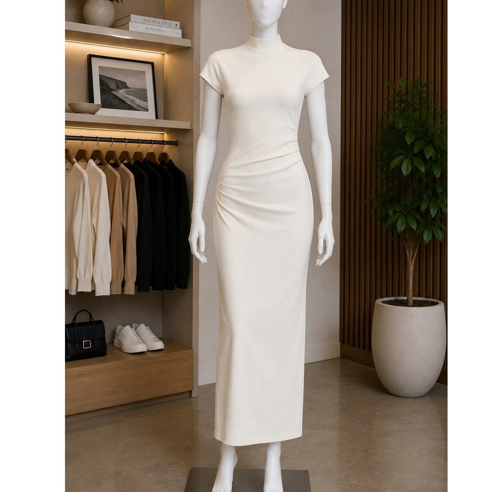 Zara Women Midi Dress White Ruched Mock Neck Cap Sleeve Medium